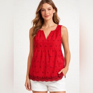 GAP Red Scalloped Eyelet Sleeveless Babydoll Blouse Women’s XS Coastal